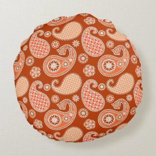 Paisley-patroon, Mandarijns-Oranje en wit Rond Kussen
