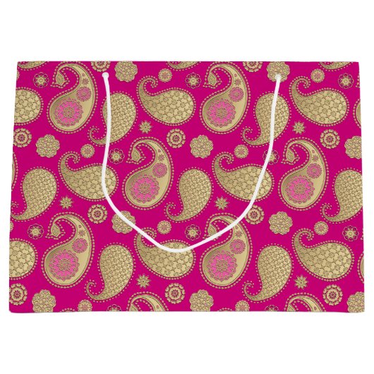 Paisley-patroon, Soft Gold op Deep Fuchsia Pink Groot Cadeauzakje (Voorkant)