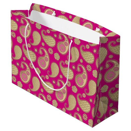 Paisley-patroon, Soft Gold op Deep Fuchsia Pink Groot Cadeauzakje (Achterkant Gekanteld)