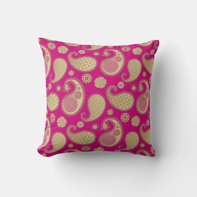 Paisley-patroon, Soft Gold op Deep Fuchsia Pink Kussen (Voorkant)