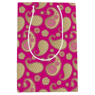 Paisley-patroon, Soft Gold op Deep Fuchsia Pink Medium Cadeauzakje