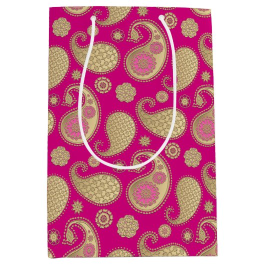 Paisley-patroon, Soft Gold op Deep Fuchsia Pink Medium Cadeauzakje (Voorkant)