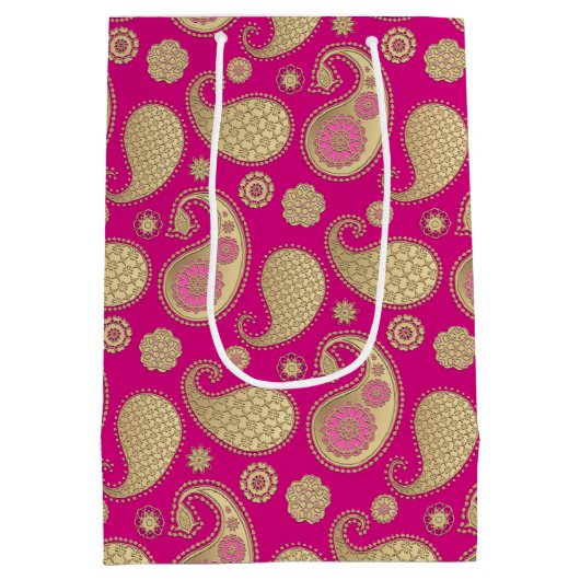Paisley-patroon, Soft Gold op Deep Fuchsia Pink Medium Cadeauzakje (Achterkant)