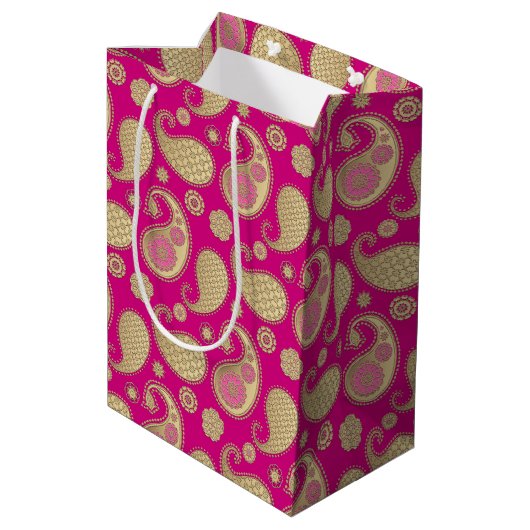 Paisley-patroon, Soft Gold op Deep Fuchsia Pink Medium Cadeauzakje (Achterkant Gekanteld)