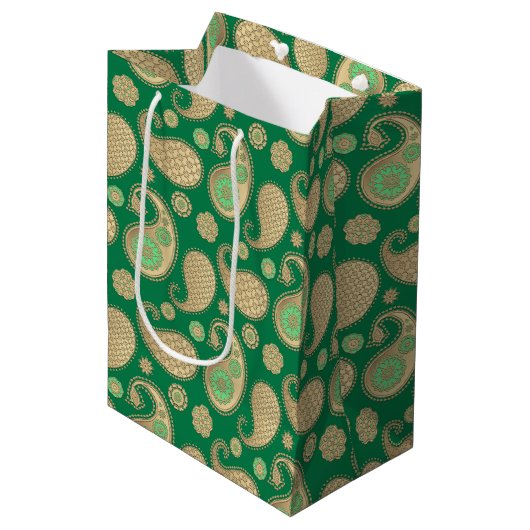 Paisley-patroon, Soft Gold op Emerald Green Medium Cadeauzakje (Voorkant Gekanteld)