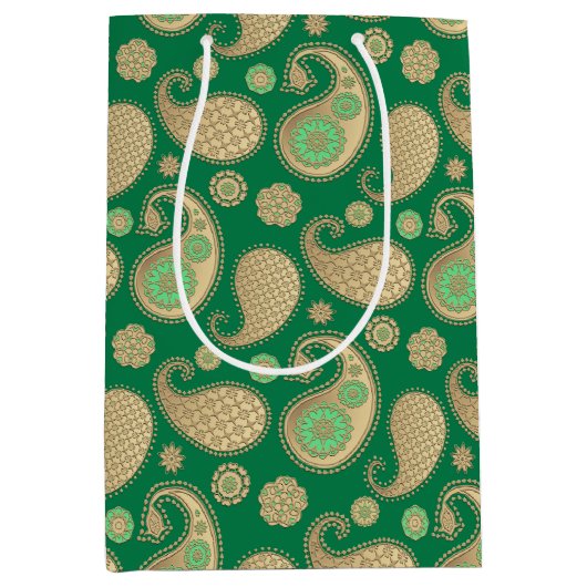 Paisley-patroon, Soft Gold op Emerald Green Medium Cadeauzakje (Voorkant)