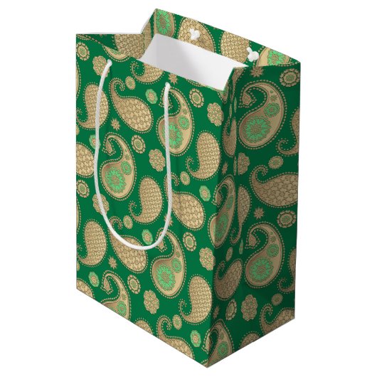Paisley-patroon, Soft Gold op Emerald Green Medium Cadeauzakje (Achterkant Gekanteld)