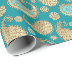 Paisley-patroon, Soft Gold op Turquoise Cadeaupapier
