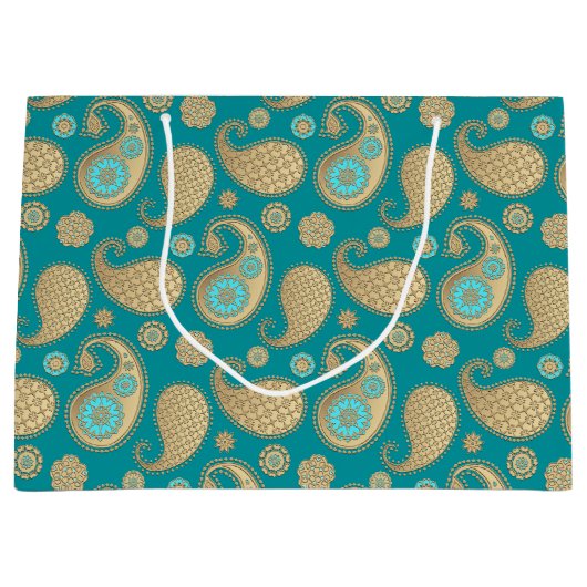 Paisley-patroon, Soft Gold op Turquoise Large Cadeautasje (Voorkant)