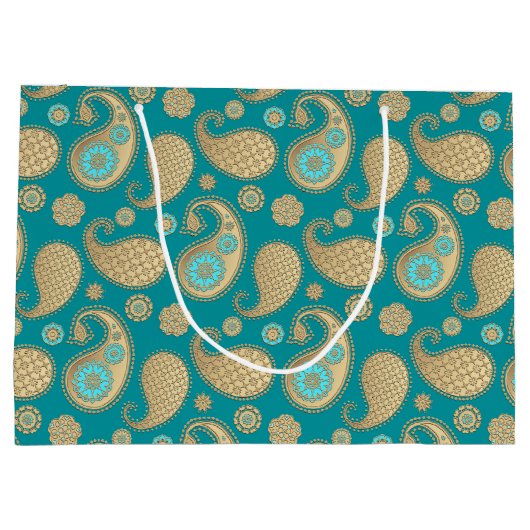 Paisley-patroon, Soft Gold op Turquoise Large Cadeautasje (Achterkant)