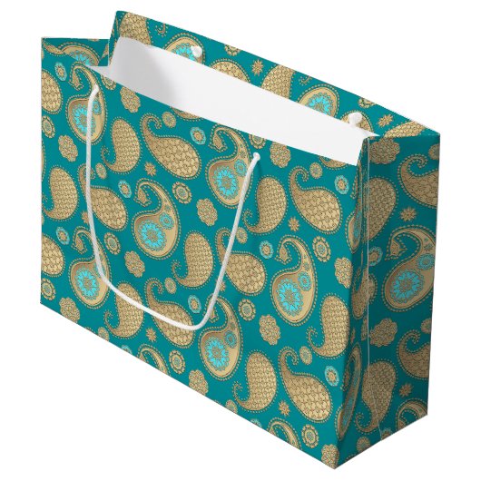 Paisley-patroon, Soft Gold op Turquoise Large Cadeautasje (Voorkant Gekanteld)