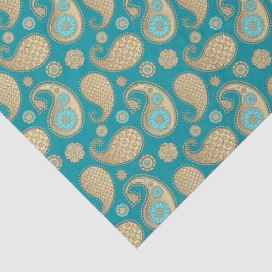 Paisley-patroon, Soft Gold op Turquoise Tissuepapier (Detail)