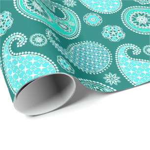 Paisley-patroon, Turquoise, Aqua en White Cadeaupapier