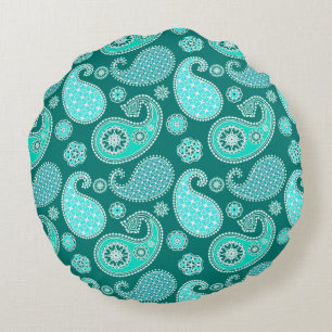 Paisley-patroon, Turquoise, Aqua en White Rond Kussen