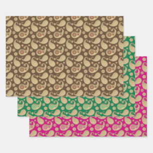 Paisley-patroon, zacht goud op bruin, groen en roz inpakpapier vel