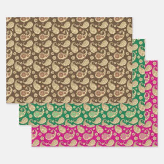 Paisley patroon, Zacht Goud op Bruin, Groen & Roze Inpakpapier Vel (Set)