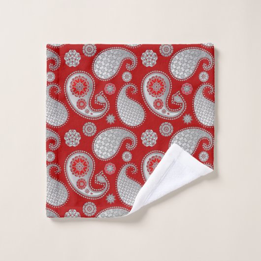 Paisley-patroon, zilver grijs / grijs op diep rood bad handdoek (Wasdoekje)