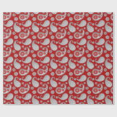 Paisley-patroon, zilver grijs / grijs op diep rood cadeaupapier (Vlak)