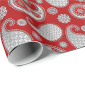 Paisley-patroon, zilver grijs / grijs op diep rood cadeaupapier (Rol Hoek)