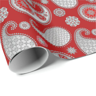 Paisley-patroon, zilver grijs / grijs op diep rood cadeaupapier