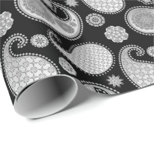 Paisley-patroon, zilver grijs / grijs op zwart cadeaupapier