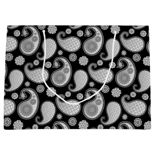 Paisley-patroon, zilver grijs / grijs op zwart groot cadeauzakje (Voorkant)