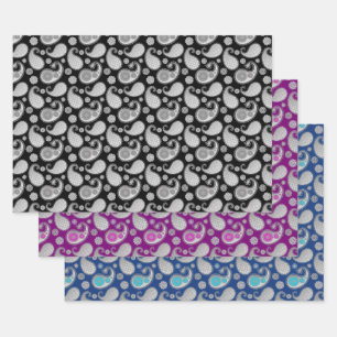 Paisley patroon, Zilver op Zwart, Paarse en Blauw Inpakpapier Vel