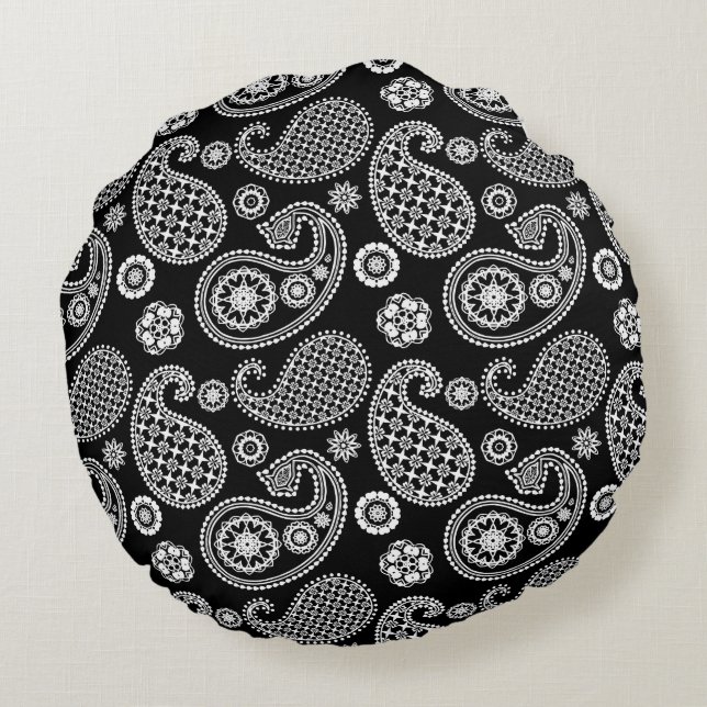 Paisley-patroon, zwart en wit rond kussen (Achterkant)