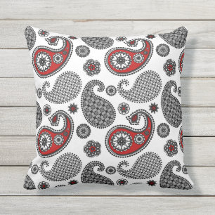 Paisley-patroon, zwart, wit en rood buitenkussen