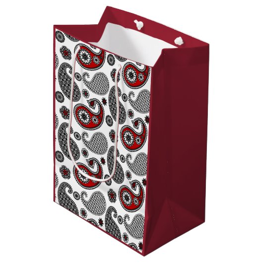 Paisley-patroon, zwart, wit en rood medium cadeauzakje (Voorkant Gekanteld)