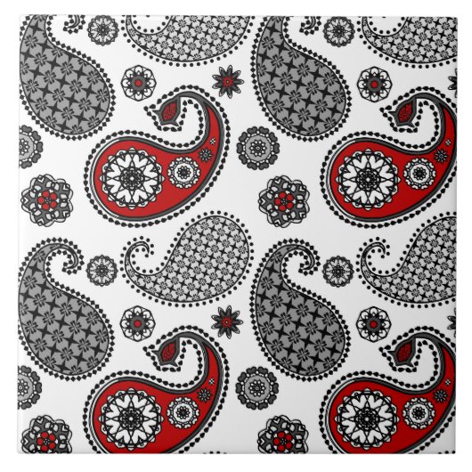 Paisley-patroon, zwart, wit en rood tegeltje (Voorkant)