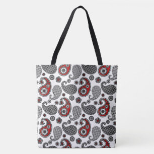 Paisley-patroon, zwart, wit en rood tote bag
