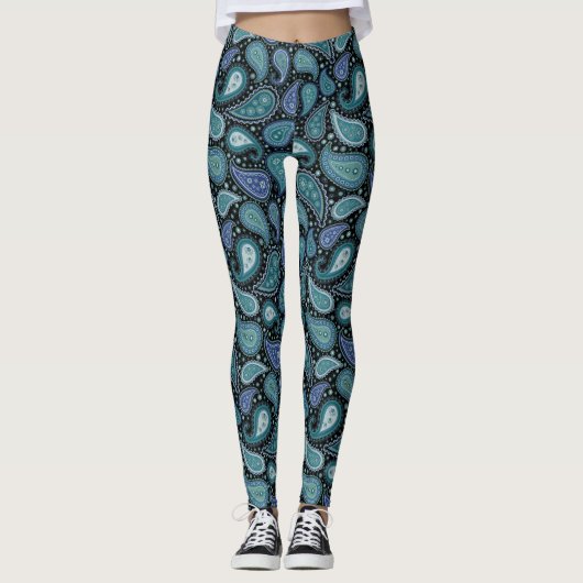 Paisley Pattern Abstracte Shapes Navy Blue Leggings (Voorkant)