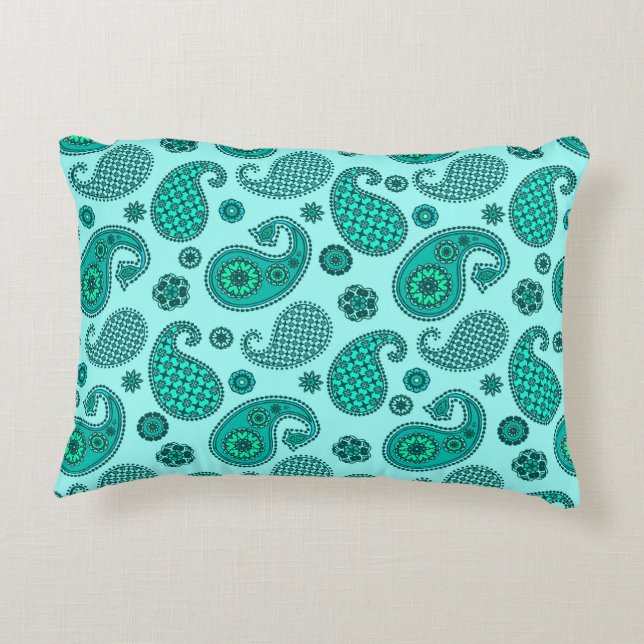 Paisley Pattern, Aqua en Turquoise Accent Kussen (Achterkant)