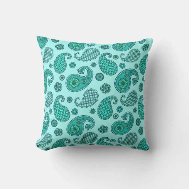 Paisley Pattern, Aqua en Turquoise Buitenkussen (Voorkant)