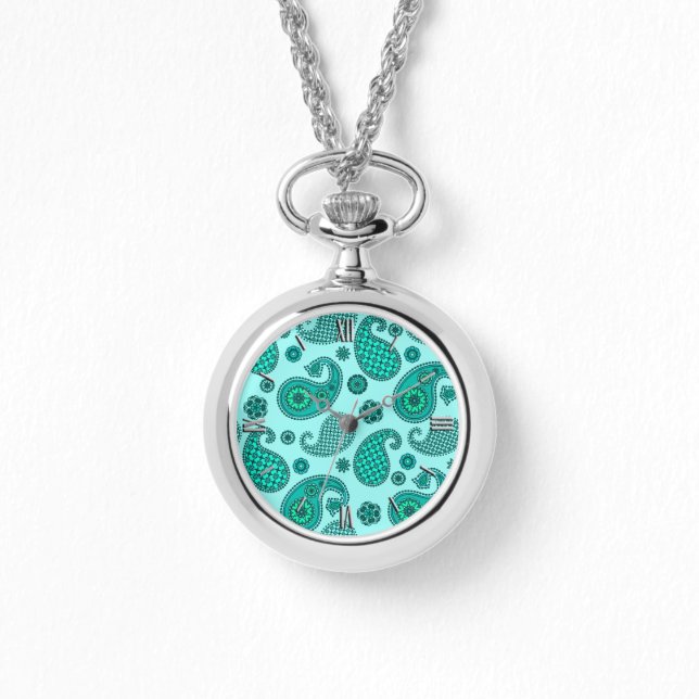 Paisley Pattern, Aqua en Turquoise Horloge (Voorkant)