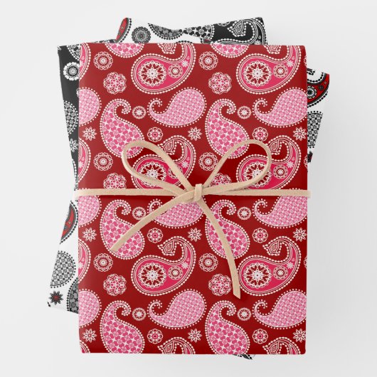 Paisley Pattern, Black, White en Red Inpakpapier Vel (In situ)
