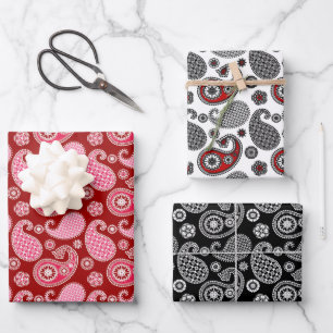 Paisley Pattern, Black, White en Red Inpakpapier Vel