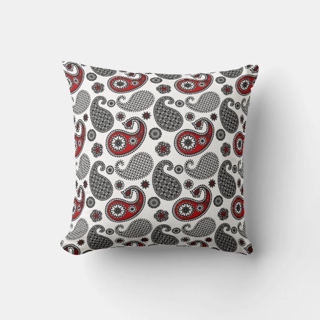 Paisley Pattern, Black, White en Red Kussen (Voorkant)