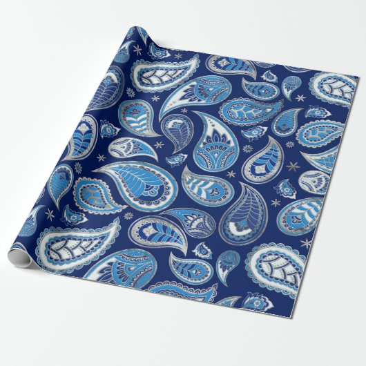 Paisley Pattern - Blue and Silver Cadeaupapier (Uitgerold)