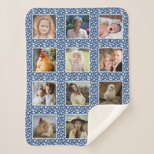 Paisley Pattern Blue Custom Family Photo Collage Sherpa Deken (Voorkant)