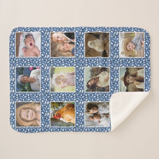 Paisley Pattern Blue Custom Family Photo Collage Sherpa Deken (Voorkant (horizontaal))