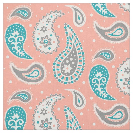 Paisley Pattern Coral Blauwgroen Grey Stof (Swatch)