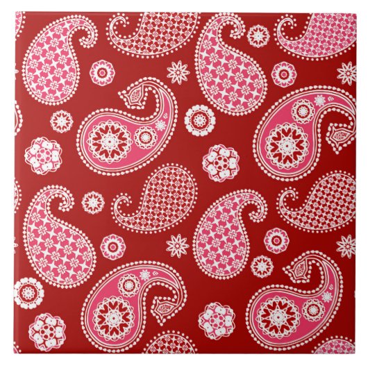 Paisley Pattern, Dark Red, White en Coral Pink Tegeltje (Voorkant)