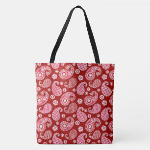 Paisley Pattern, Dark Red, White en Coral Pink Tote Bag