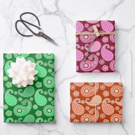 Paisley Pattern, Emerald, Burgundy & Oranje Inpakpapier Vel (Voorkant)