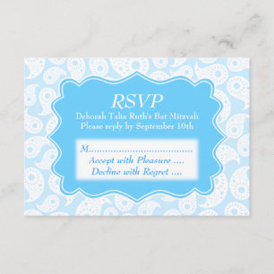 Paisley Pattern in Blue, Bat Mitzvah RSVP Kaartje