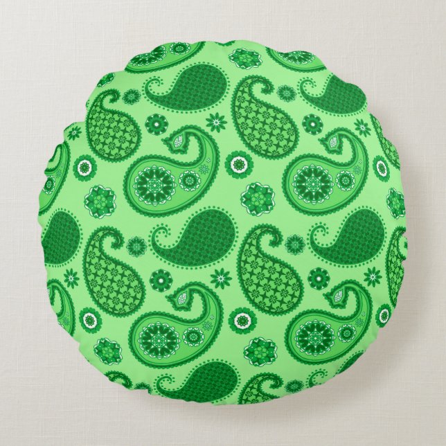 Paisley Pattern, Jade and Emerald Green Rond Kussen (Voorkant)