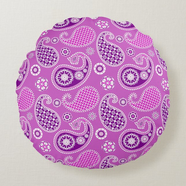Paisley Pattern, Lila en Amethyst Paars Rond Kussen (Voorkant)