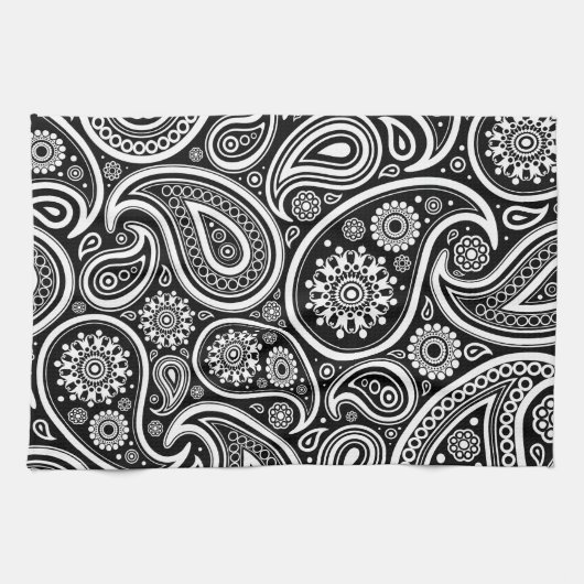 Paisley Pattern, Persian Paisley, Black and White Theedoek (Horizontaal)